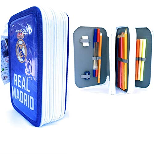 Estuche Real Madrid de Lapìces, Estuche REAL MADRID,Triple con Tres Cremlleras, Estuche Escolar con REAL MADRID, Gran Capacidad para la Escuela.