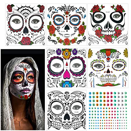 Etiqueta Temporal, KATOOM, 6pcs, Tatuaje Cara Carnaval, Diseño Cráneo con Gemas, Colorido Terror Adhesivas para Maquillaje en Baile de Disfraz a Carnaval, las fallas