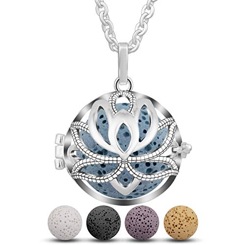 Eudora Colgante Aromaterapia Mujer Armonía Piedra Volcánica Collar de Difusor de Aceites Esenciales para Aromaterapia Collares Perfume Camafeo Jaula Bola de Lava 5pcs, 30"