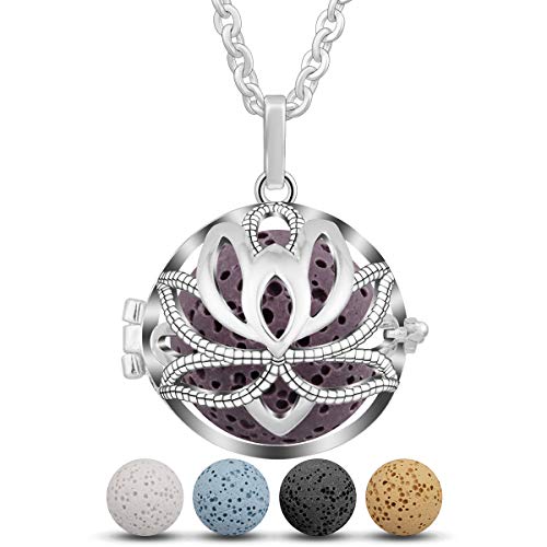 Eudora Colgante Aromaterapia Mujer Armonía Piedra Volcánica Collar de Difusor de Aceites Esenciales para Aromaterapia Collares Perfume Camafeo Jaula Bola de Lava 5pcs, 30"