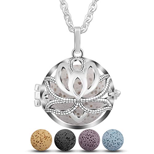 Eudora Colgante Aromaterapia Mujer Armonía Piedra Volcánica Collar de Difusor de Aceites Esenciales para Aromaterapia Collares Perfume Camafeo Jaula Bola de Lava 5pcs, 30"
