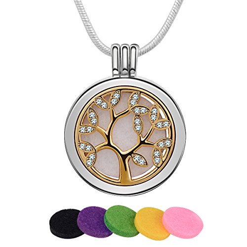 Eudora Collar Mujer de Aromaterapia Árbol de la Vida Circonitas Cúbicas Colgante de Perfume Aceite Esencial Aromaterapia con 6 de Acero Inoxidable bañado en Oro, 24"