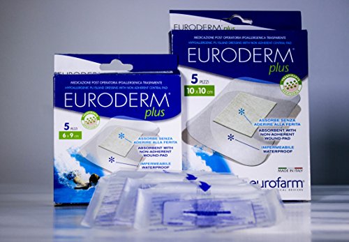 Euroderm Plus (cm 5 x cm 7) Apósito Transparente en Poliuretano con Compresa Central de Gran Absorción. Actúa Como Barrera contra Bacterias y es Resistente al Agua,6 Unidades