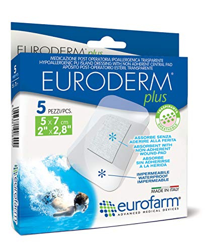 Euroderm Plus (cm 5 x cm 7) Apósito Transparente en Poliuretano con Compresa Central de Gran Absorción. Actúa Como Barrera contra Bacterias y es Resistente al Agua,6 Unidades