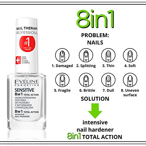 Eveline - Acondicionador para uñas sensibles, endurecedor intensivo, Acción Total 8 en 1, 12 ml