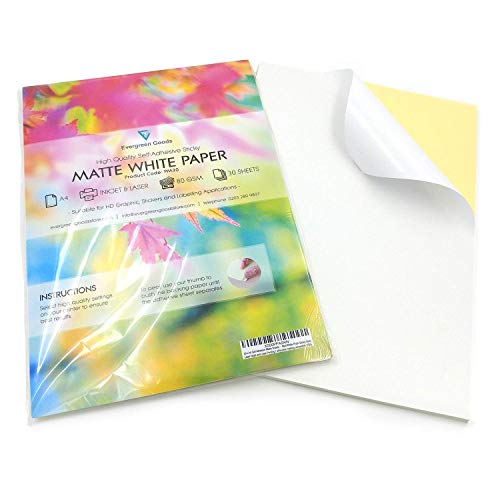EVG Home & Office Supplies 50 Hojas de Papel de impresión de Calidad A4 Blanco Mate Autoadhesivo/Parte Trasera Adhesiva.
