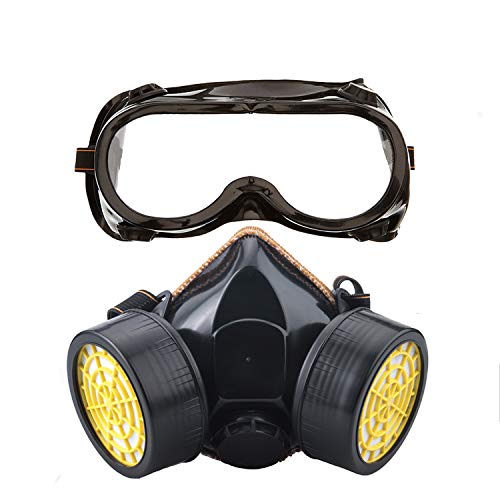 Ewolee Máscara Antigas, Gas Mask Respirador de Cartucho Doble Química Industrial Máscara Reutilizable con Gafas Protectoras contra Polvo Niebla Tóxica Pintura en Aerosol(Noir)