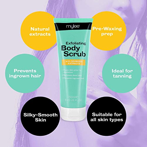 Exfoliante Corporal Suavizante Mylee con Extractos Nutritivos de Algas Marinas Naturales, Aloe Vera, Monoï de Tahití, Previene los Pelos Enquistados, Pre-Bronceado y Depilación, Vegano y Cruelty Free