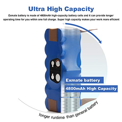 Exmate 4.8Ah Xlife Batería para Roomba, 14.4V 4800mAh Vida Extendida de 1200 Ciclos Compatible con Roomba Series 500 600 700 800