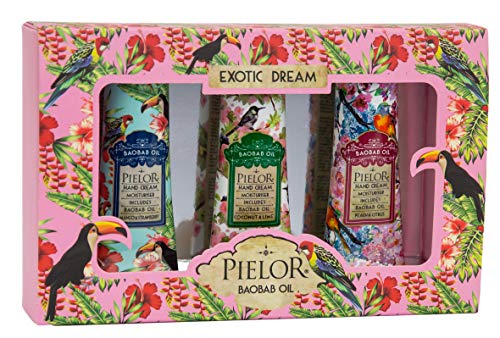 Exotic Dream - Set de regalo de crema de manos, 1 crema de manos, mango y fresa, 30 ml, 1 crema de manos, coco y lima, 30 ml, 1 crema de manos, melocotón y cítrico, 30 ml, con aceite de Baobab