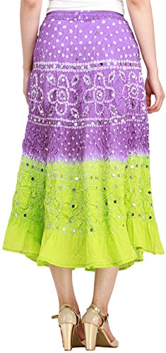 Exotic India Bandhani Tie-Dye - Falda de jaipur con pestañas grandes Morado y lima. Talla única