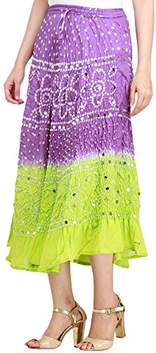 Exotic India Bandhani Tie-Dye - Falda de jaipur con pestañas grandes Morado y lima. Talla única