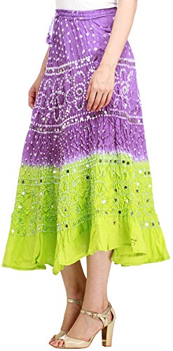 Exotic India Bandhani Tie-Dye - Falda de jaipur con pestañas grandes Morado y lima. Talla única