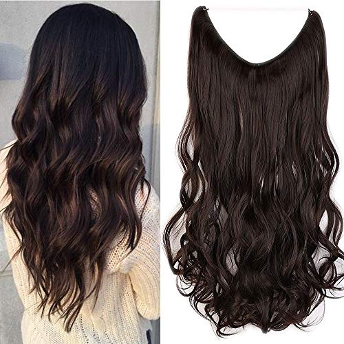 Extensión de cabello Diadema individual con hilo invisible Rizado Ondulado Extensiones de cabello sintético de 24 pulgadas / 60 cm sin pinzas 3/4 Cabeza completa, Marrón oscuro