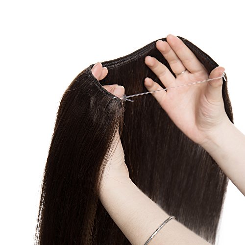 Extensiones de Cabello Natural con Hilo Invisible No Clip 100% Remy Pelo Natural Humano Una Pieza Liso Ajuatable Hair Extensions 16"[40cm,60g,#2 Castaño Oscuro]