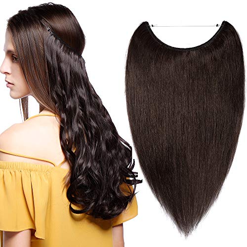 Extensiones de Cabello Natural con Hilo Invisible No Clip 100% Remy Pelo Natural Humano Una Pieza Liso Ajuatable Hair Extensions 16"[40cm,60g,#2 Castaño Oscuro]