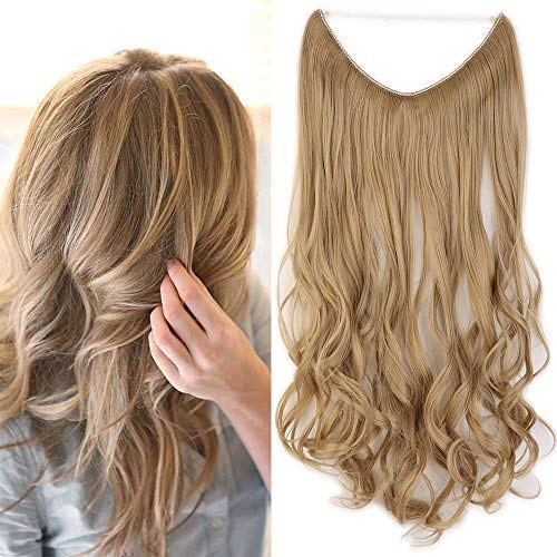 Extensiones de pelo sintético rizado sintético de una pieza de alambre invisible de 50,8 cm – Rubio ceniza (longitud: 50 cm, peso: 90 g)