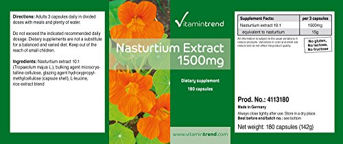Extracto de Capuchina 1500mg – Nasturtium –180 cápsulas veganas – 10x concentrado – para vejiga y pulmones