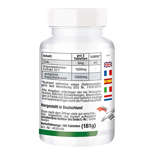 Extracto de Capuchina 500mg con Zinc – Nasturtium – 180 comprimidos – Vegano – Altamente dosificado