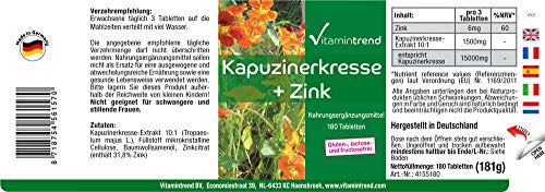 Extracto de Capuchina 500mg con Zinc – Nasturtium – 180 comprimidos – Vegano – Altamente dosificado