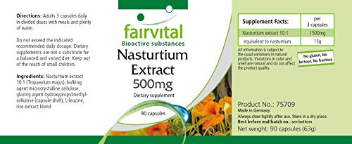 Extracto de Capuchina 500mg - Nasturtium (Tropaeolum majus) - VEGANO - Dosis elevada - 90 Cápsulas - Calidad Alemana