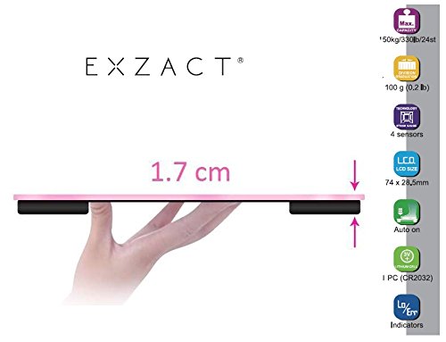 Exzact ColorSlim – Báscula Corporal Electrónica/Báscula de Baño Digital/Escala Personal - Ultra Delgada 1.7 CM Espesor -150 kg / 330 LB - Plataforma de Vidrio de Color (Rojo)
