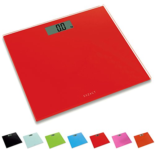 Exzact ColorSlim – Báscula Corporal Electrónica/Báscula de Baño Digital/Escala Personal - Ultra Delgada 1.7 CM Espesor -150 kg / 330 LB - Plataforma de Vidrio de Color (Rojo)