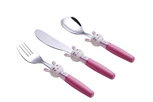 EXZACT Cubertería infantil 3 pieza para niños de Acero Inoxidable - 1 x cena cuchillo, 1 x cena tenedor, 1 x cena cuchara (Conejo x 3)
