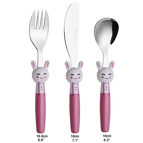 EXZACT Cubertería infantil 3 pieza para niños de Acero Inoxidable - 1 x cena cuchillo, 1 x cena tenedor, 1 x cena cuchara (Conejo x 3)