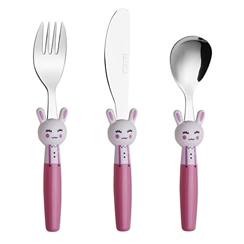 EXZACT Cubertería infantil 3 pieza para niños de Acero Inoxidable - 1 x cena cuchillo, 1 x cena tenedor, 1 x cena cuchara (Conejo x 3)