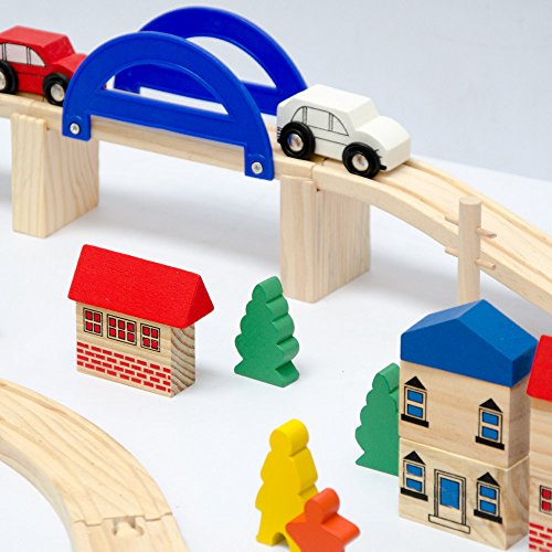 EYEPOWER Circuito de Tren + Pueblo | 130 Piezas de Madera | 5 Metros de ferrocarril + Casas + árboles + Coches + Personaje + etc | para niños y niñas