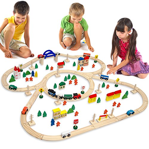 EYEPOWER Circuito de Tren + Pueblo | 130 Piezas de Madera | 5 Metros de ferrocarril + Casas + árboles + Coches + Personaje + etc | para niños y niñas