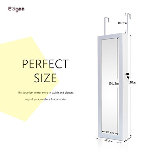 Ezigoo Espejo Joyero con Armario para Joyas, Montura para Puerta Joyero Pared Espejo con Gabinete con Luces LED, 110 x 31.5 x 8.5 cm
