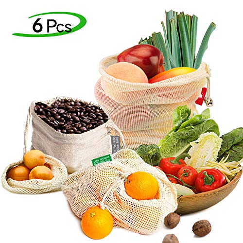 Ezlife Bolsas Reutilizables Compra, Bolsas Reutilizables Fruta de Algodon Ecológicas Lavable y Transpirable Bolsa de Malla para Fruta Verduras Juguetes -6 Pcs (1*Bolsas de Tela,1*S, 2*M, 2*L)