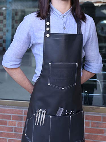 Facón Profesional Cuero Corte de Pelo Peluquería Barbero Delantal para Salón de Peluquería - Uso múltiple, ajustable con 6 bolsillos - Calidad premium de alta resistencia - 28" x 24" (Negro)