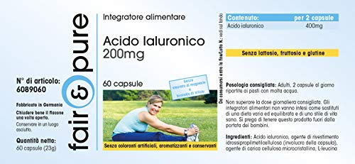 Fair & pure 6089060 - 60 Cápsulas de 200 mg de Ácido hialurónico (vegano, libre de estearato de magnesio, dióxido de silicio, aditivos y conservantes)