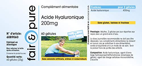 Fair & pure 6089060 - 60 Cápsulas de 200 mg de Ácido hialurónico (vegano, libre de estearato de magnesio, dióxido de silicio, aditivos y conservantes)