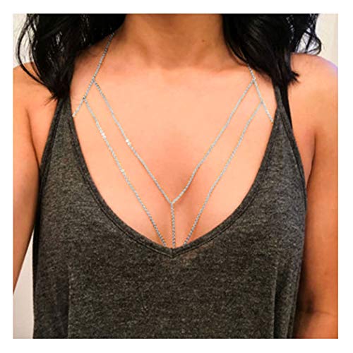 Fairvir Cadenas de cuerpo en capas Sexy playa Bikini cadena sujetador collar joyería accesorios corporales brillantes para mujeres y niñas (plata)