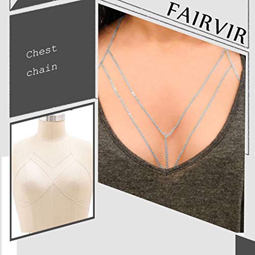 Fairvir Cadenas de cuerpo en capas Sexy playa Bikini cadena sujetador collar joyería accesorios corporales brillantes para mujeres y niñas (plata)