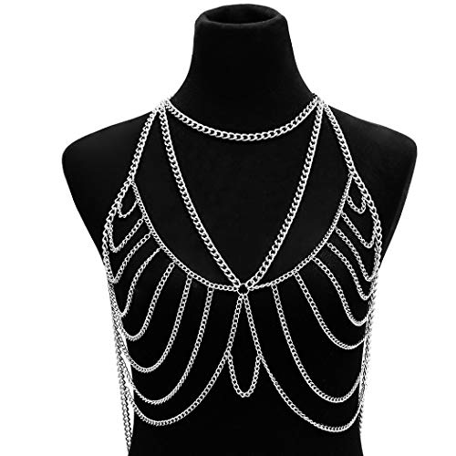 Fairvir Punk capas cadenas de cuerpo Sexy playa Crossover pecho cadena de moda arnés accesorios corporales joyería para mujeres y niñas (plata)