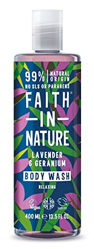 Faith in Nature Gel de Baño Natural de Lavanda y Geranio, Nutritivo, Vegano y No Testado en Animales, sin Parabenos ni SLS, 400 ml