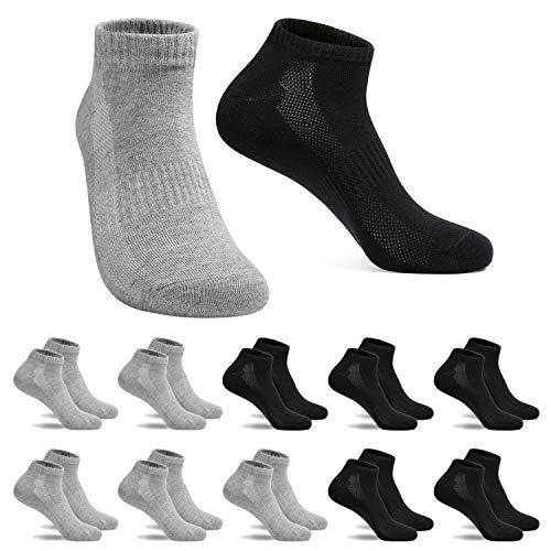FALARY Calcetines Hombre Mujer Deportivos 10 Pares Cortos Calcetin Tobilleros Algodon Gris&Negro 43-46