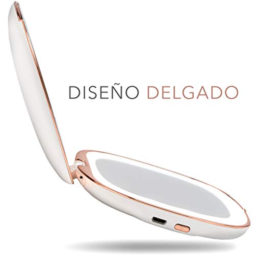 Fancii Espejo Maquillaje de Bolsillo Recargable con Luz LED Natural, Aumento 1x /10x - Espejo Portatil de Mano Iluminado para Bolso y Viaje, Blanca (Mila)