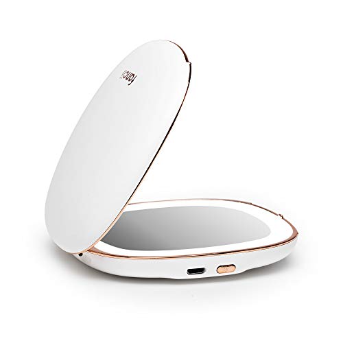 Fancii Espejo Maquillaje de Bolsillo Recargable con Luz LED Natural, Aumento 1x /10x - Espejo Portatil de Mano Iluminado para Bolso y Viaje, Blanca (Mila)