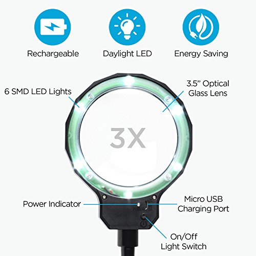 Fancii Lámpara Lupa 3x LED Luz Natural Recargable con Pinza Metálica - Lupa Iluminada Lente de Cristal Óptico Ajustable con 3 Posiciones de Luz y Mango de Aluminio Desmontable