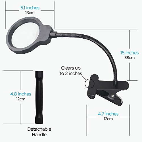 Fancii Lámpara Lupa 3x LED Luz Natural Recargable con Pinza Metálica - Lupa Iluminada Lente de Cristal Óptico Ajustable con 3 Posiciones de Luz y Mango de Aluminio Desmontable