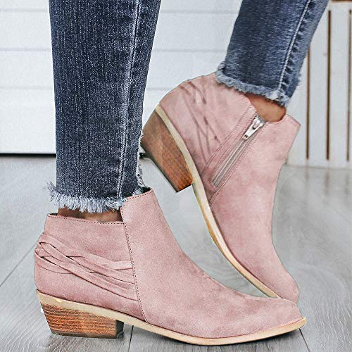 Fannyfuny Botas para Mujer Botas Biker Vintage Grueso Tacones Casuales Zapatillas de Cuña Botines Martin Tacon Alto con Cremallera Low Top Calzado Zapatos de Comodos de Fiesta