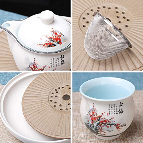 fanquare 8 Piezas Kung Fu Juego de Té de Cerámica con Glaseado Nieve Blanca, Tetera de Porcelana de Ciruela Roja, Servicio de Té con Bandeja