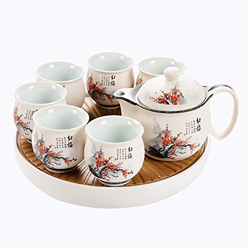 fanquare 8 Piezas Kung Fu Juego de Té de Cerámica con Glaseado Nieve Blanca, Tetera de Porcelana de Ciruela Roja, Servicio de Té con Bandeja