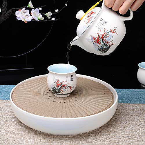 fanquare 8 Piezas Kung Fu Juego de Té de Cerámica con Glaseado Nieve Blanca, Tetera de Porcelana de Ciruela Roja, Servicio de Té con Bandeja
